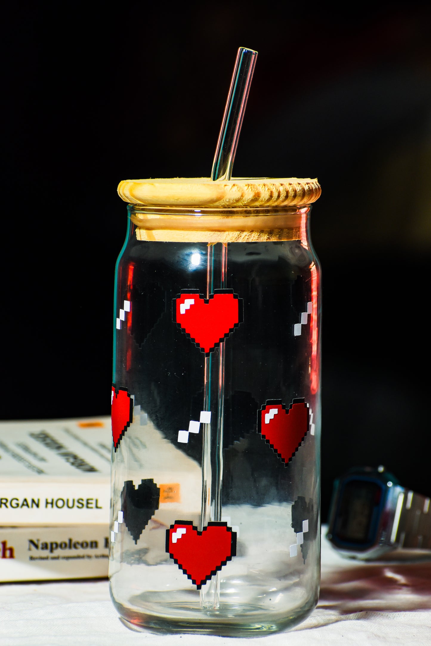Pixel Heart Glass Tumbler with Straw & Wooden Lid