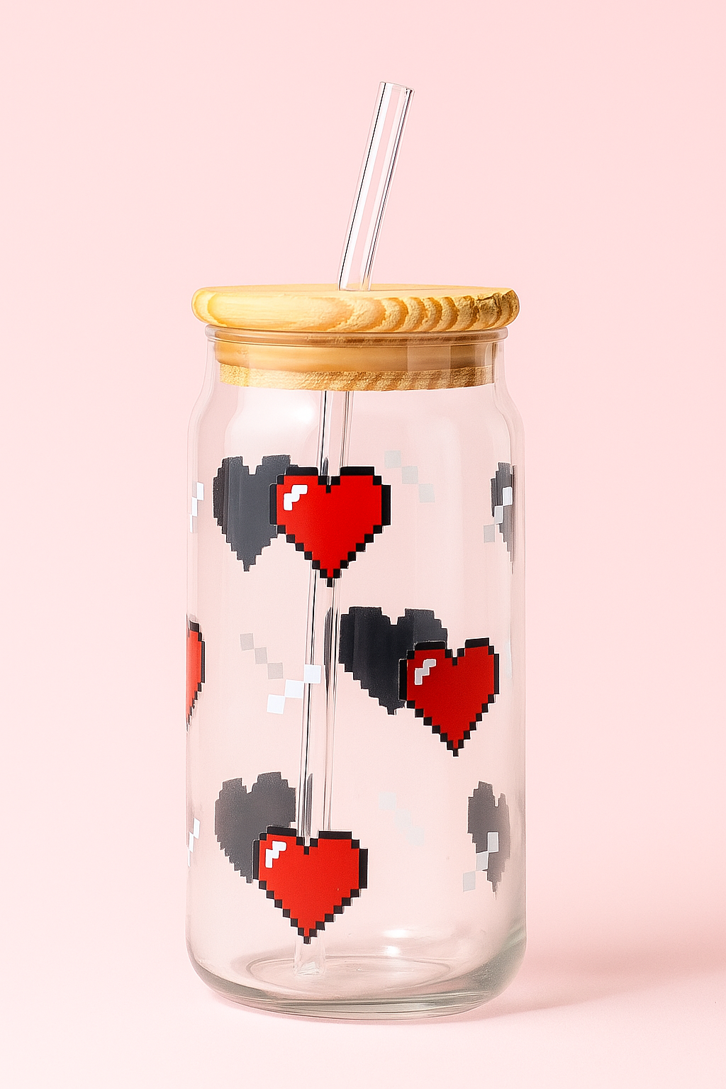 Pixel Heart Glass Tumbler with Straw & Wooden Lid
