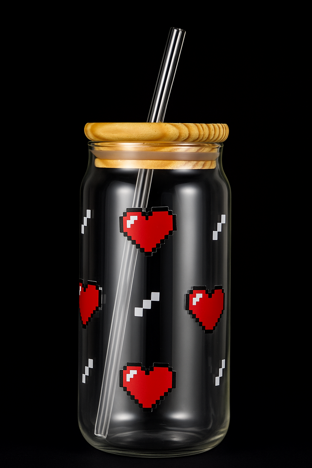Pixel Heart Glass Tumbler with Straw & Wooden Lid