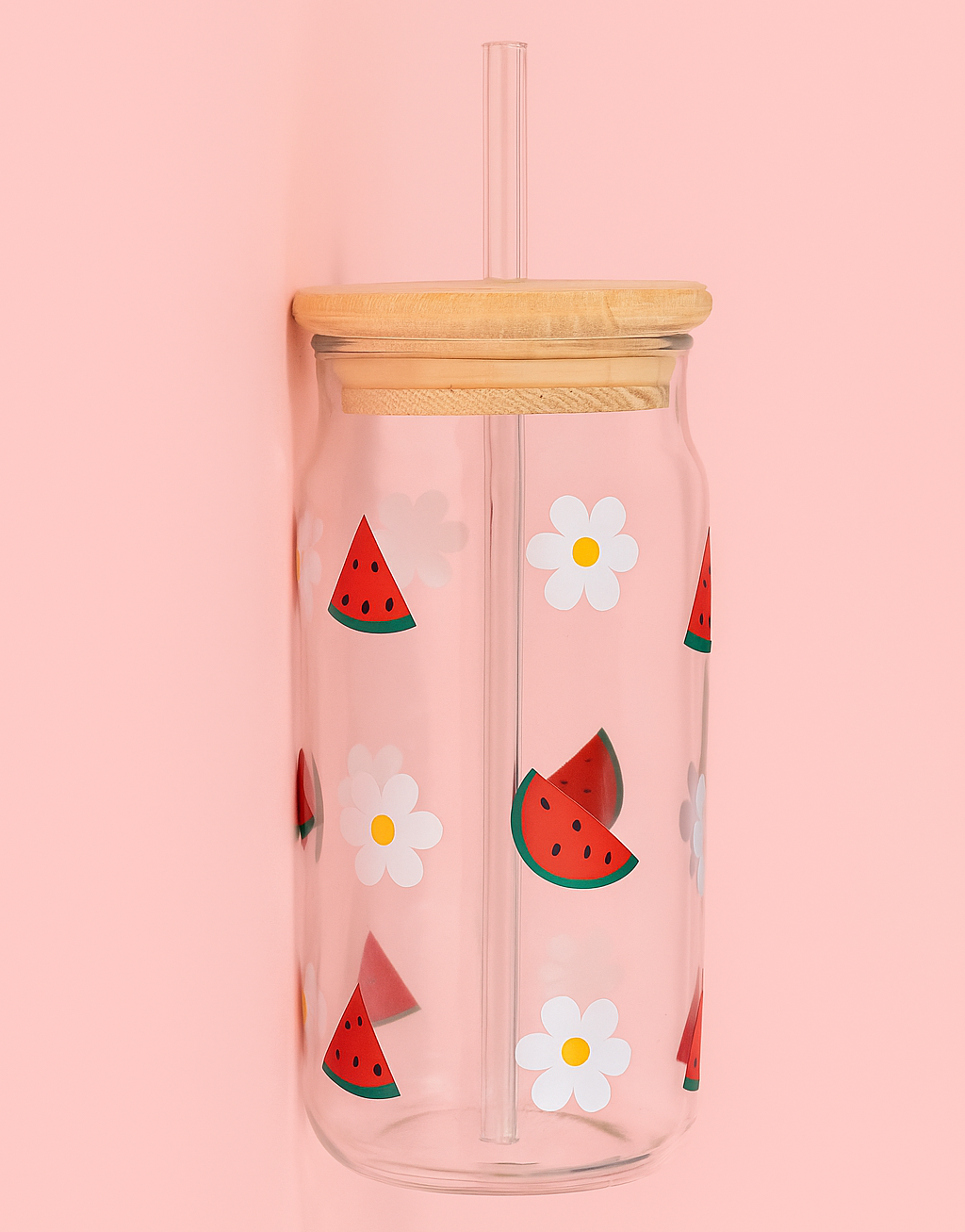 Watermelon & Daisy Glass Tumbler with Straw & Wooden Lid
