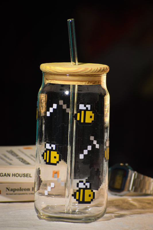 Pixel Bees Glass Tumbler with Straw & Wooden Lid