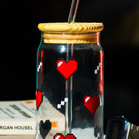 Pixel Heart Glass Tumbler with Straw & Wooden Lid