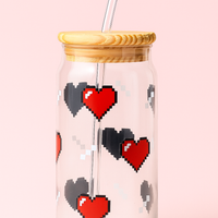 Pixel Heart Glass Tumbler with Straw & Wooden Lid