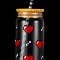 Pixel Heart Glass Tumbler with Straw & Wooden Lid