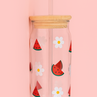 Watermelon & Daisy Glass Tumbler with Straw & Wooden Lid
